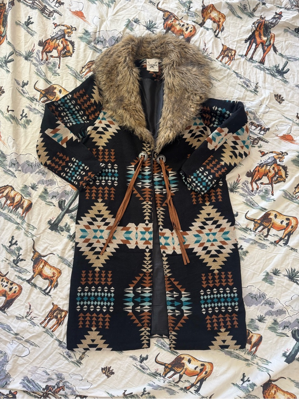 Cotton & Rye Tribal Print Faux Fur Trench Coat — L